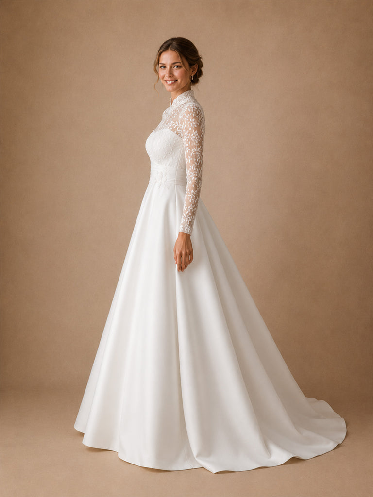 ChicSew Elegant High Neck Long Sleeves Lace Satin A-Line Long Wedding Dresses