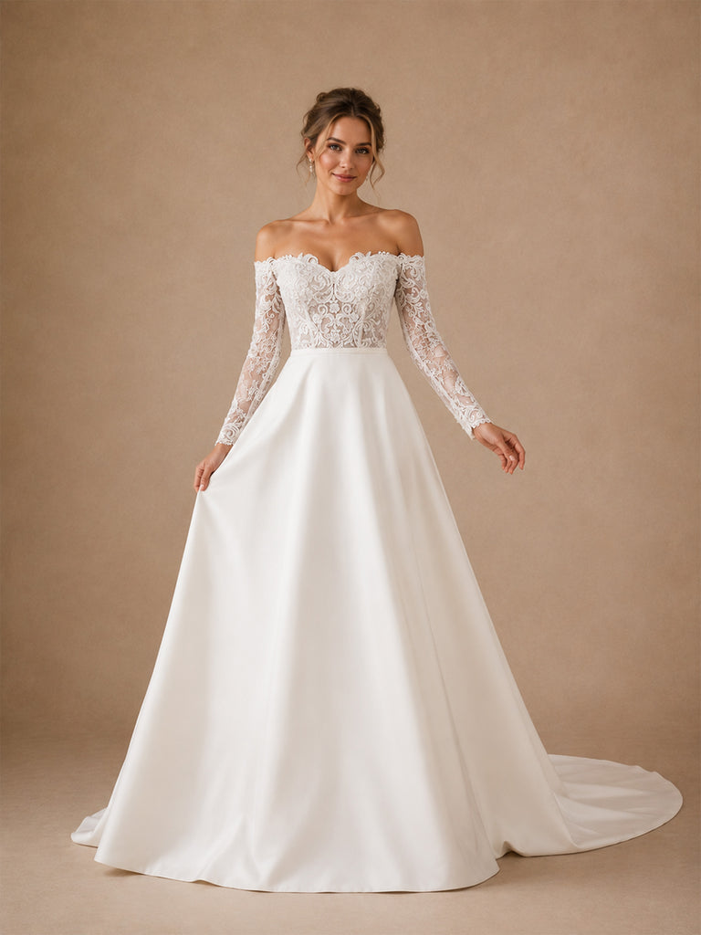 ChicSew Elegant Strapless 3/4 Sleeves Lace Satin A-Line Long Wedding Dresses