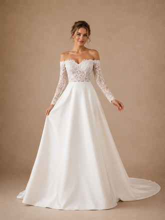 ChicSew Elegant Strapless 3/4 Sleeves Lace Satin A-Line Long Wedding Dresses