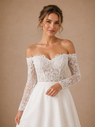 ChicSew Elegant Strapless 3/4 Sleeves Lace Satin A-Line Long Wedding Dresses