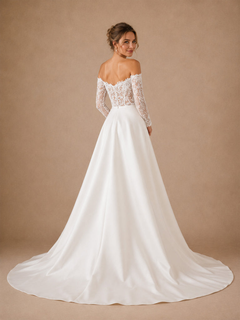 ChicSew Elegant Strapless 3/4 Sleeves Lace Satin A-Line Long Wedding Dresses