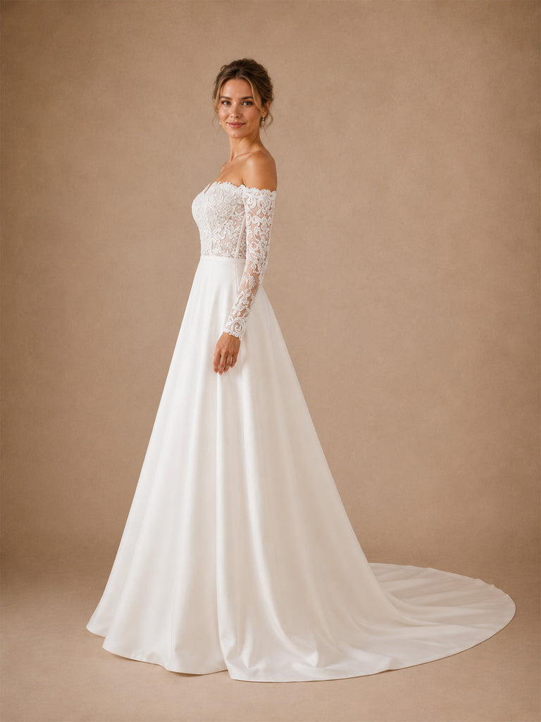 ChicSew Elegant Strapless 3/4 Sleeves Lace Satin A-Line Long Wedding Dresses