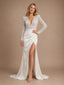 ChicSew Fancy Deep V-Neck Long Sleeves Satin Mermaid Long Wedding Dress Wth Side Slit