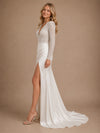 ChicSew Fancy Deep V-Neck Long Sleeves Satin Mermaid Long Wedding Dress Wth Side Slit