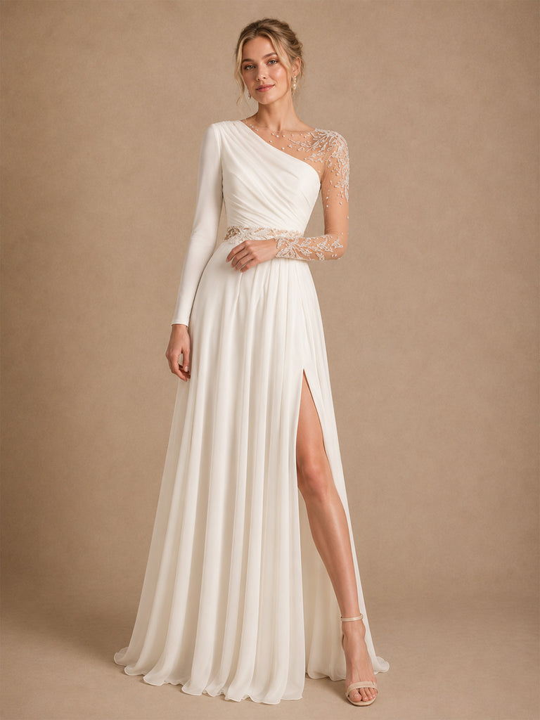 ChicSew Unique Illusion Long Sleeves Lace Chiffon A-line Side Slit Wedding Dress With Beading
