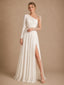 ChicSew Unique Illusion Long Sleeves Lace Chiffon A-line Side Slit Wedding Dress With Beading