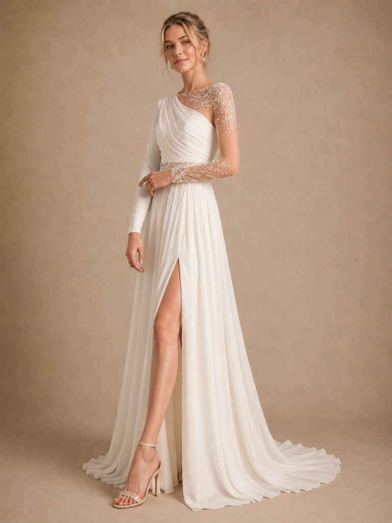 ChicSew Unique Illusion Long Sleeves Lace Chiffon A-line Side Slit Wedding Dress With Beading