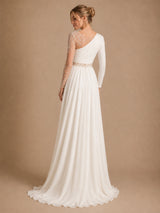 ChicSew Unique Illusion Long Sleeves Lace Chiffon A-line Side Slit Wedding Dress With Beading