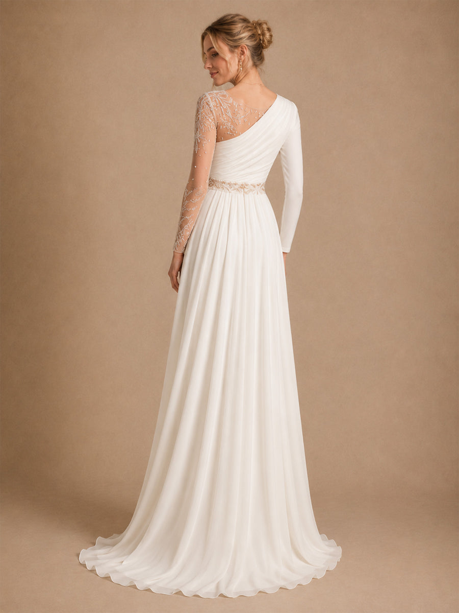 ChicSew Unique Illusion Long Sleeves Lace Chiffon A-line Side Slit Wedding Dress With Beading