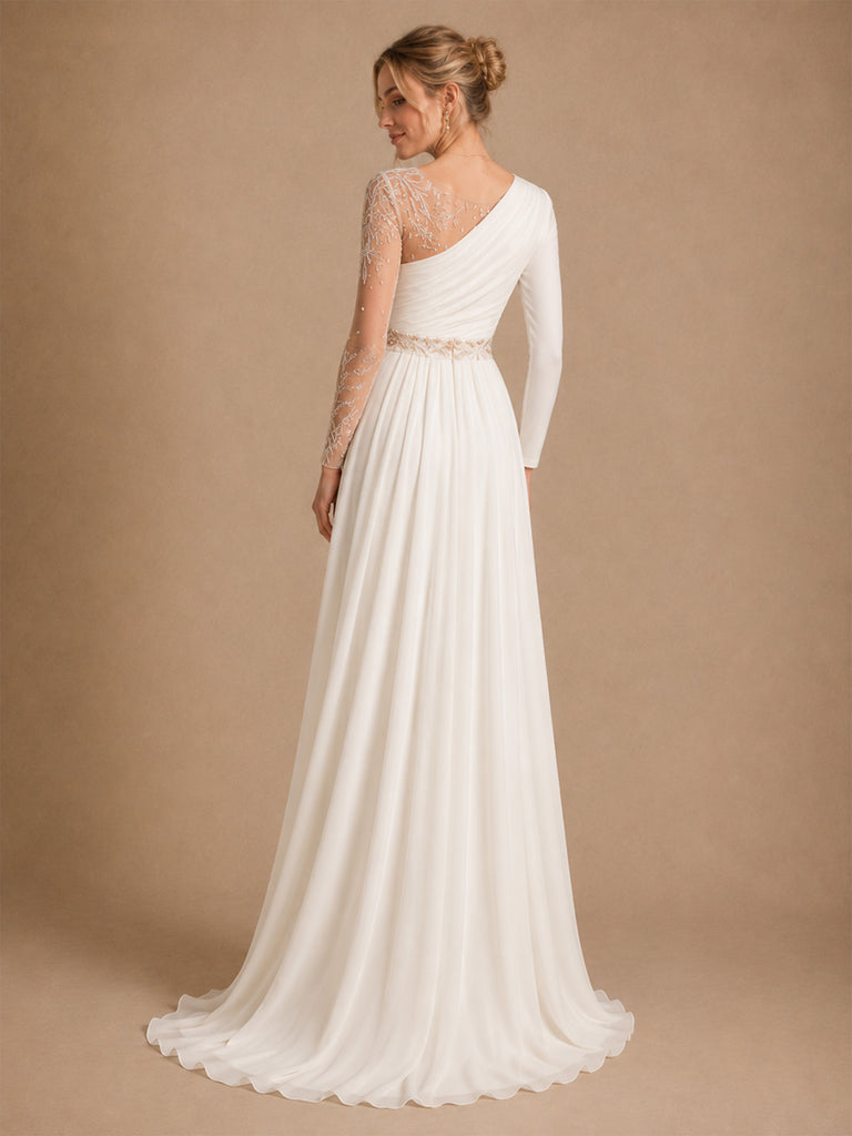 ChicSew Unique Illusion Long Sleeves Lace Chiffon A-line Side Slit Wedding Dress With Beading