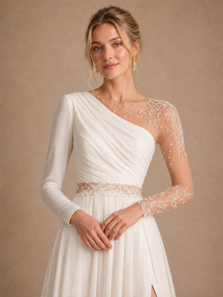 ChicSew Unique Illusion Long Sleeves Lace Chiffon A-line Side Slit Wedding Dress With Beading
