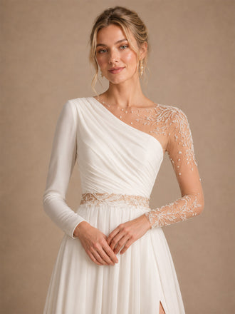 ChicSew Unique Illusion Long Sleeves Lace Chiffon A-line Side Slit Wedding Dress With Beading