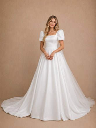 ChicSew Classy Square Neck Short Sleeve Satin A-Line Floor-Length Wedding Dresses With Train