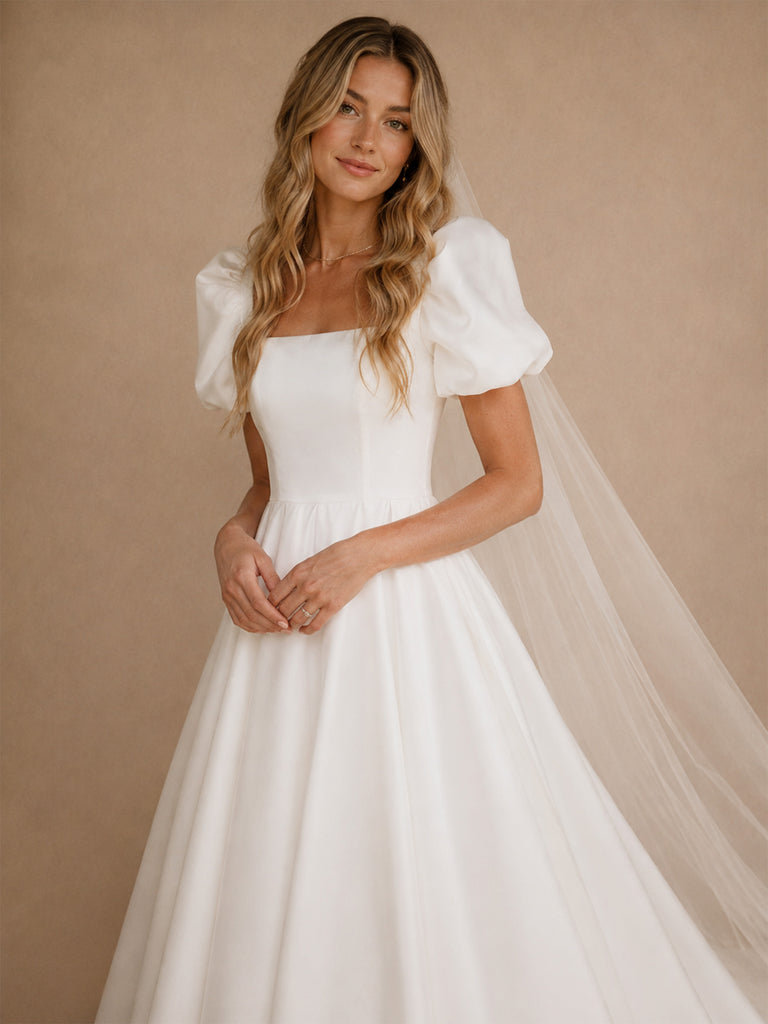 ChicSew Classy Square Neck Short Sleeve Satin A-Line Floor-Length Wedding Dresses With Train