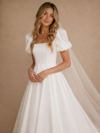 ChicSew Classy Square Neck Short Sleeve Satin A-Line Floor-Length Wedding Dresses With Train