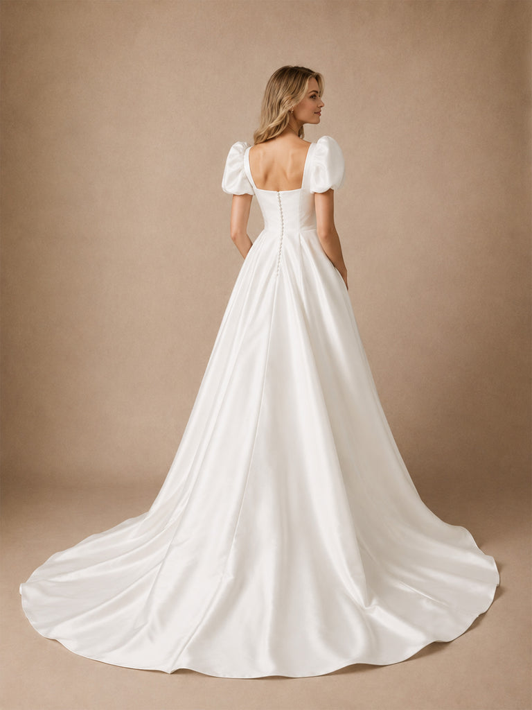 ChicSew Classy Square Neck Short Sleeve Satin A-Line Floor-Length Wedding Dresses With Train