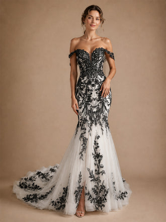 ChicSew Unique Off Shoulder Lace Appliques Tulle Mermaid Floor-Length Wedding Dress Wth Train