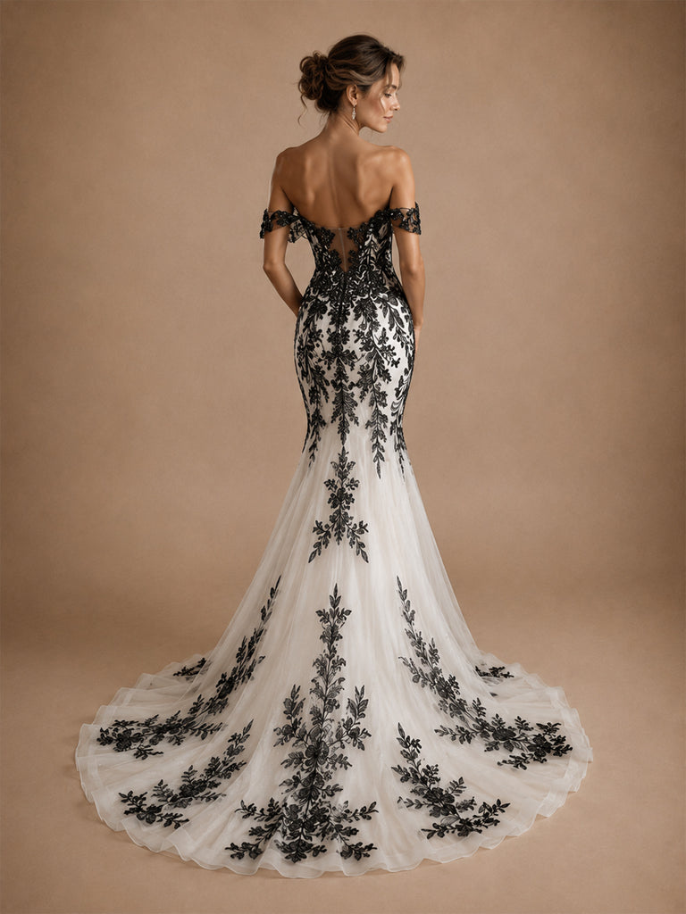 ChicSew Unique Off Shoulder Lace Appliques Tulle Mermaid Floor-Length Wedding Dress Wth Train