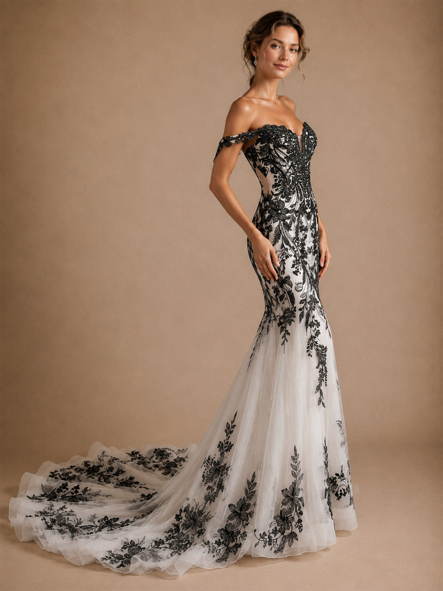 ChicSew Unique Off Shoulder Lace Appliques Tulle Mermaid Floor-Length Wedding Dress Wth Train
