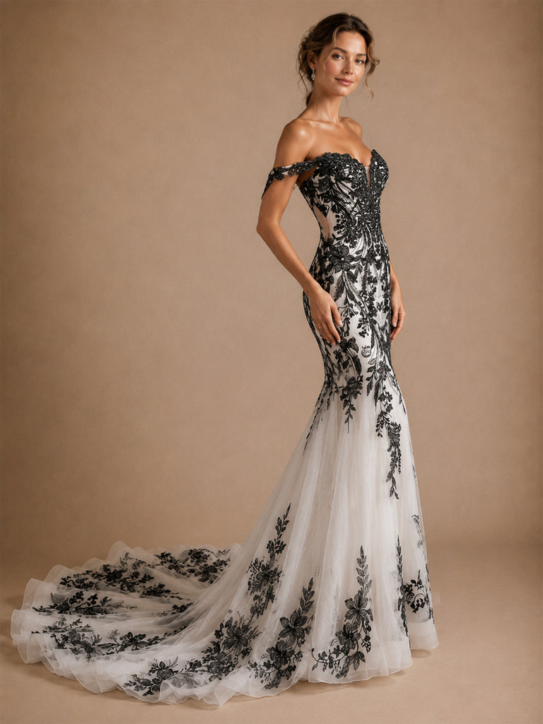 ChicSew Unique Off Shoulder Lace Appliques Tulle Mermaid Floor-Length Wedding Dress Wth Train