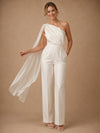 ChicSew Unique One Shoulder Sleeveless Ruching Crepe Floor-Length Wedding Jumpsuit
