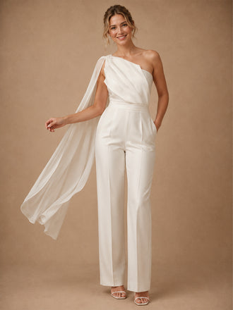 ChicSew Unique One Shoulder Sleeveless Ruching Crepe Floor-Length Wedding Jumpsuit