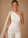 ChicSew Unique One Shoulder Sleeveless Ruching Crepe Floor-Length Wedding Jumpsuit