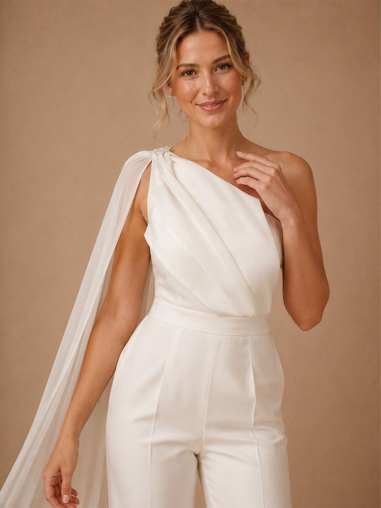 ChicSew Unique One Shoulder Sleeveless Ruching Crepe Floor-Length Wedding Jumpsuit