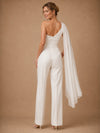 ChicSew Unique One Shoulder Sleeveless Ruching Crepe Floor-Length Wedding Jumpsuit