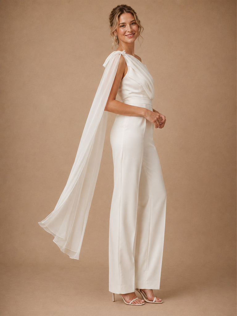 ChicSew Unique One Shoulder Sleeveless Ruching Crepe Floor-Length Wedding Jumpsuit