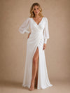 ChicSew Simple V-Neck Long Sleeves Chiffon Mermaid Wedding Dresses With Side Slit