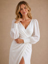 ChicSew Simple V-Neck Long Sleeves Chiffon Mermaid Wedding Dresses With Side Slit