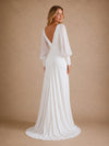 ChicSew Simple V-Neck Long Sleeves Chiffon Mermaid Wedding Dresses With Side Slit
