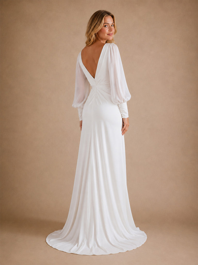 ChicSew Simple V-Neck Long Sleeves Chiffon Mermaid Wedding Dresses With Side Slit