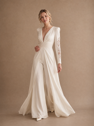 ChicSew Modern Deep V-Neck Crepe Lace Long Sleeves Wedding Jumpsuit With Overskirt