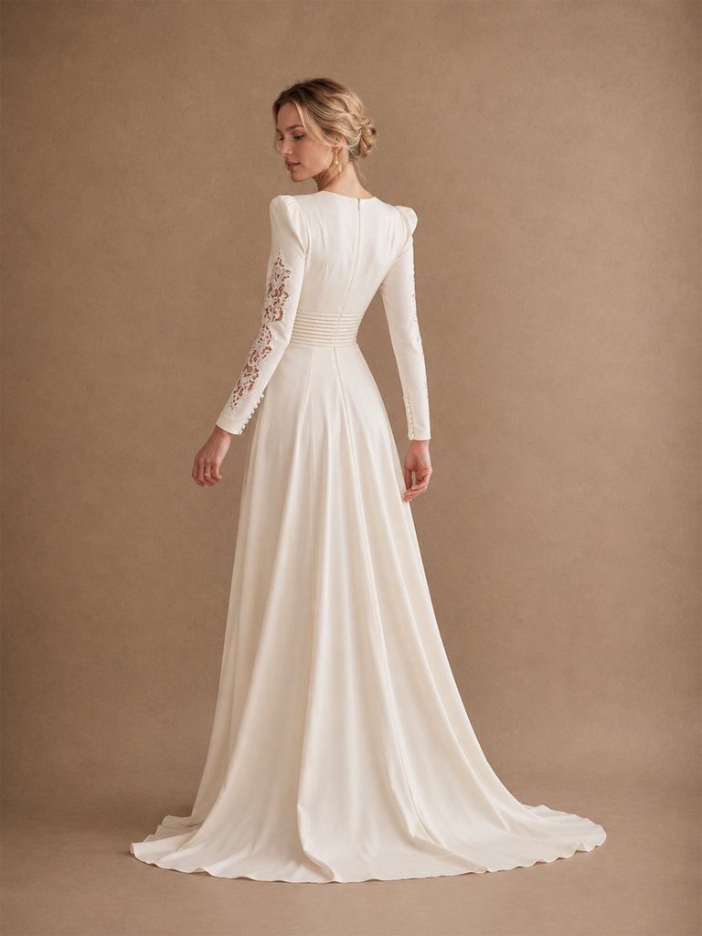 ChicSew Modern Deep V-Neck Crepe Lace Long Sleeves Wedding Jumpsuit With Overskirt