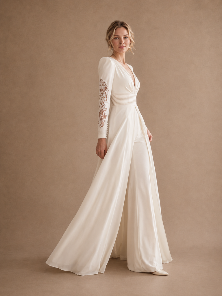 ChicSew Modern Deep V-Neck Crepe Lace Long Sleeves Wedding Jumpsuit With Overskirt