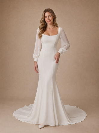 ChicSew Elegant Chiffon Mermaid Long Tulle Sleeves Square Neck Maxi Wedding Dresses