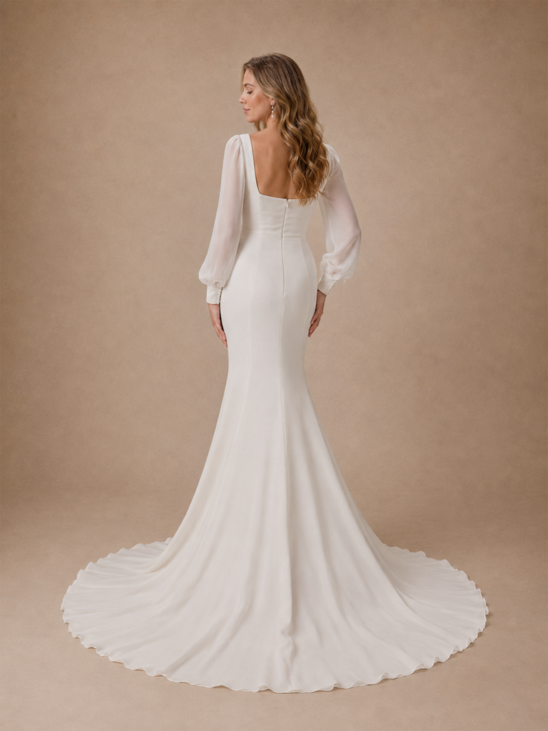 ChicSew Elegant Chiffon Mermaid Long Tulle Sleeves Square Neck Maxi Wedding Dresses