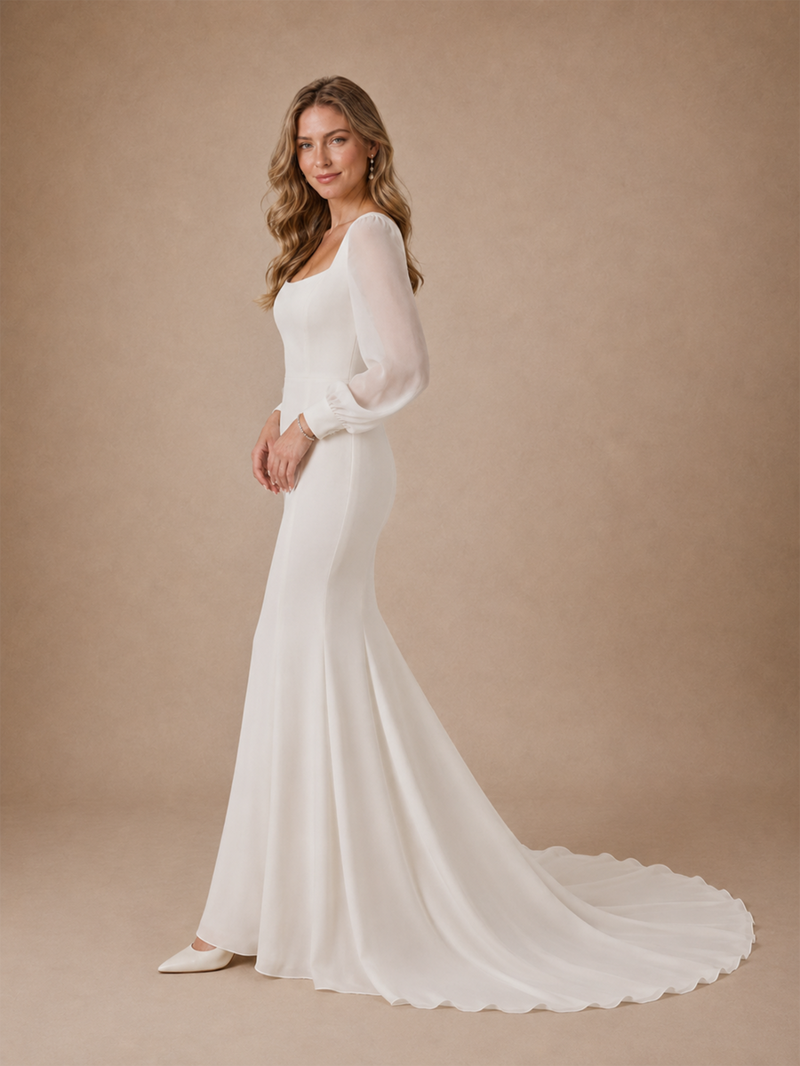 ChicSew Elegant Chiffon Mermaid Long Tulle Sleeves Square Neck Maxi Wedding Dresses