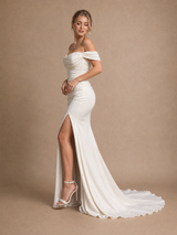 ChicSew Sexy Off The Shoulder Mermaid Side Slit Ruched Satin Long Wedding Dresses
