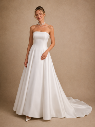 ChicSew Elegant Strapless Satin A-Line Floor-Length Wedding Dresses With Long Train