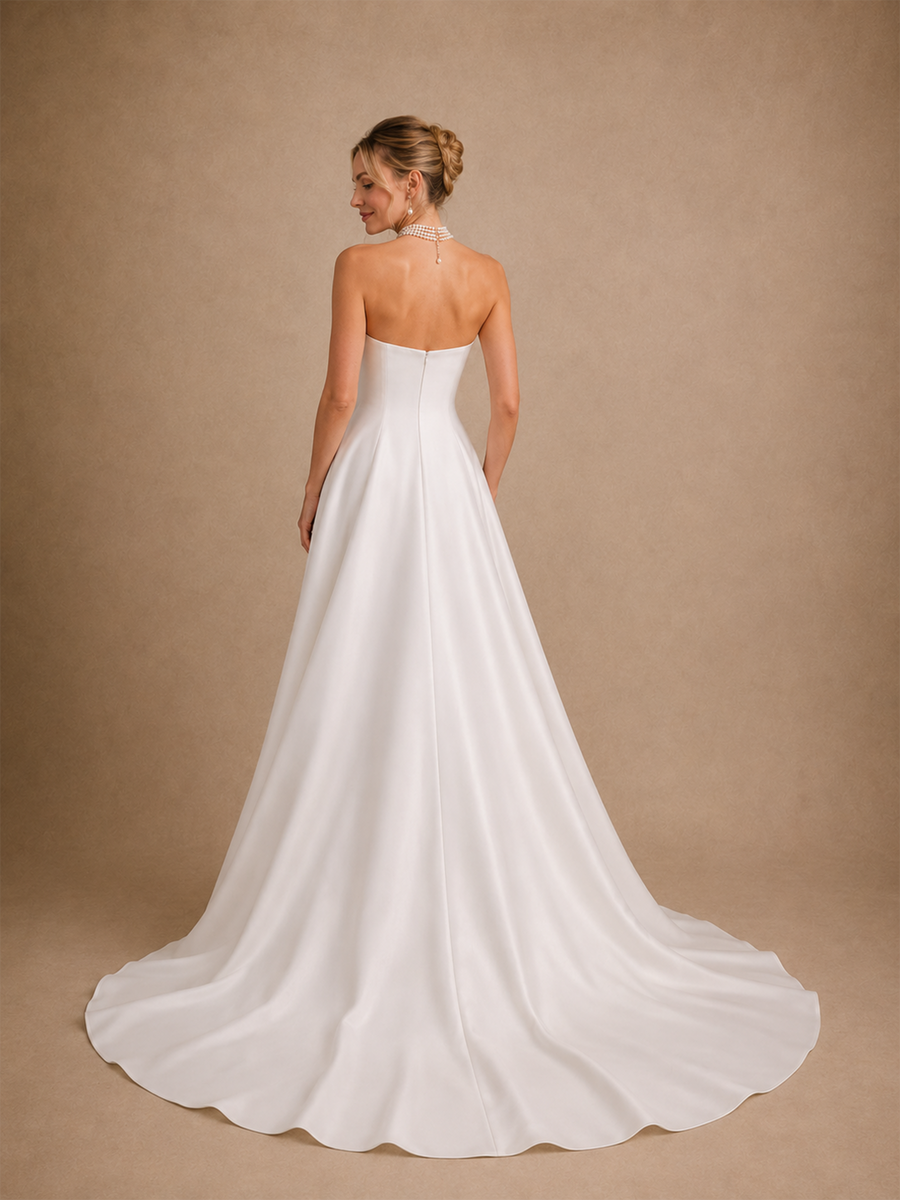 ChicSew Elegant Strapless Satin A-Line Floor-Length Wedding Dresses With Long Train
