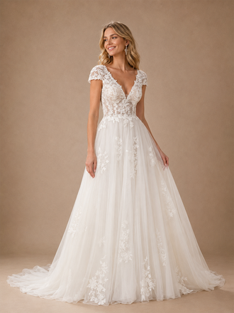 ChicSew Elegant A-Line Lace Tulle V-Neck Cap Sleeves Maxi Wedding Dresses