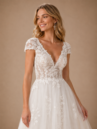 ChicSew Elegant A-Line Lace Tulle V-Neck Cap Sleeves Maxi Wedding Dresses