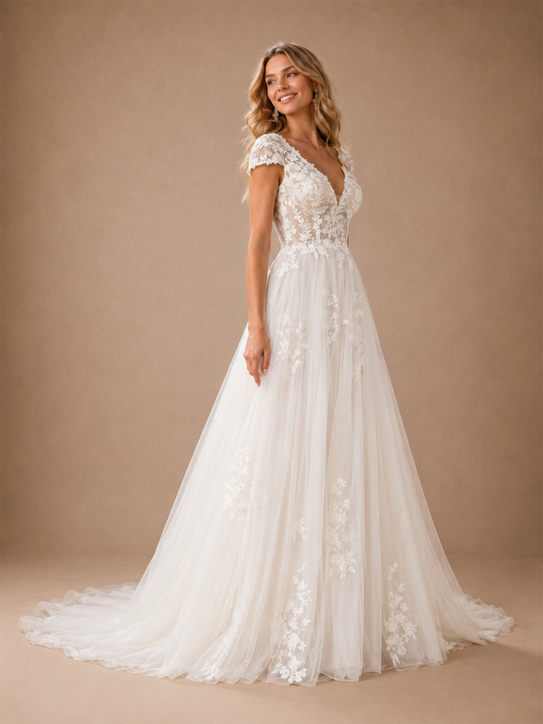 ChicSew Elegant A-Line Lace Tulle V-Neck Cap Sleeves Maxi Wedding Dresses