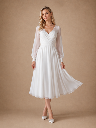 ChicSew Elegant A-line Long Sleeves V-Neck Chiffon Tulle Ruched Midi Wedding Dresses