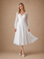 ChicSew Elegant A-line Long Sleeves V-Neck Chiffon Tulle Ruched Midi Wedding Dresses