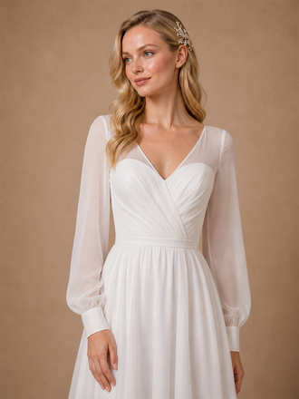 ChicSew Elegant A-line Long Sleeves V-Neck Chiffon Tulle Ruched Midi Wedding Dresses