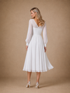 ChicSew Elegant A-line Long Sleeves V-Neck Chiffon Tulle Ruched Midi Wedding Dresses